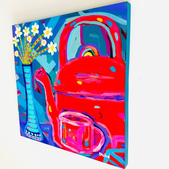 Modern Abstract Red Teapot Cup & Flowers 12"x 12" Cradled Wood Panel 12" x 12" - Picture 3 of 11